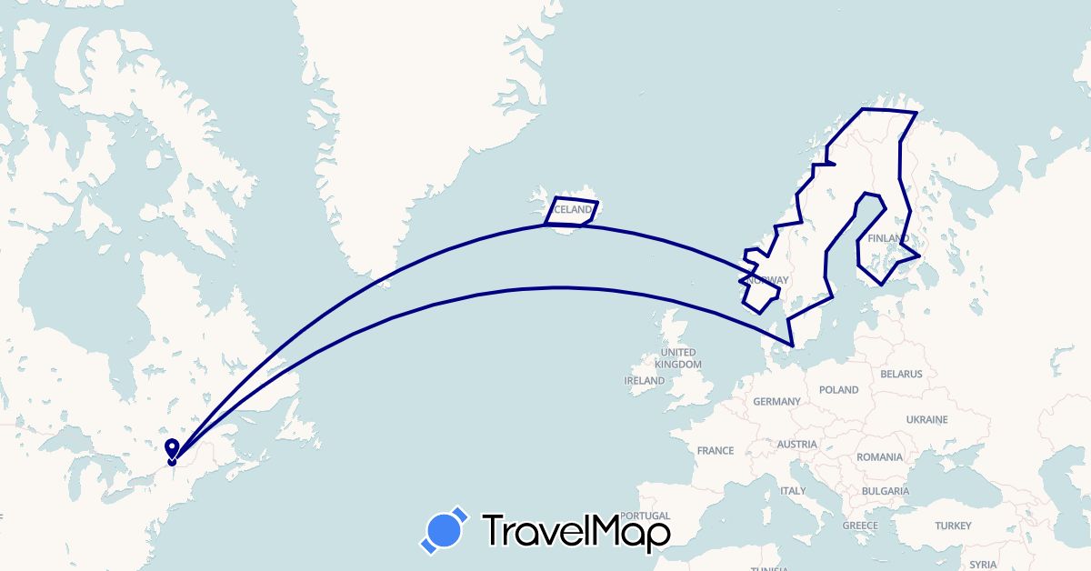 TravelMap itinerary: driving in Canada, Denmark, Finland, Iceland, Norway, Sweden (Europe, North America)